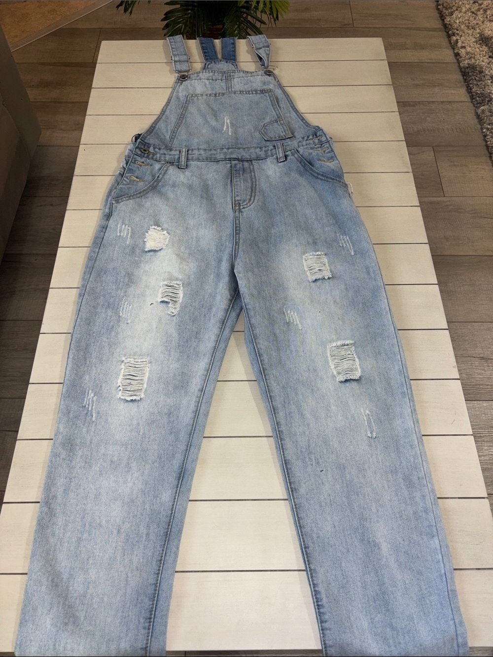Men's Light Blue Distressed Denim Overalls